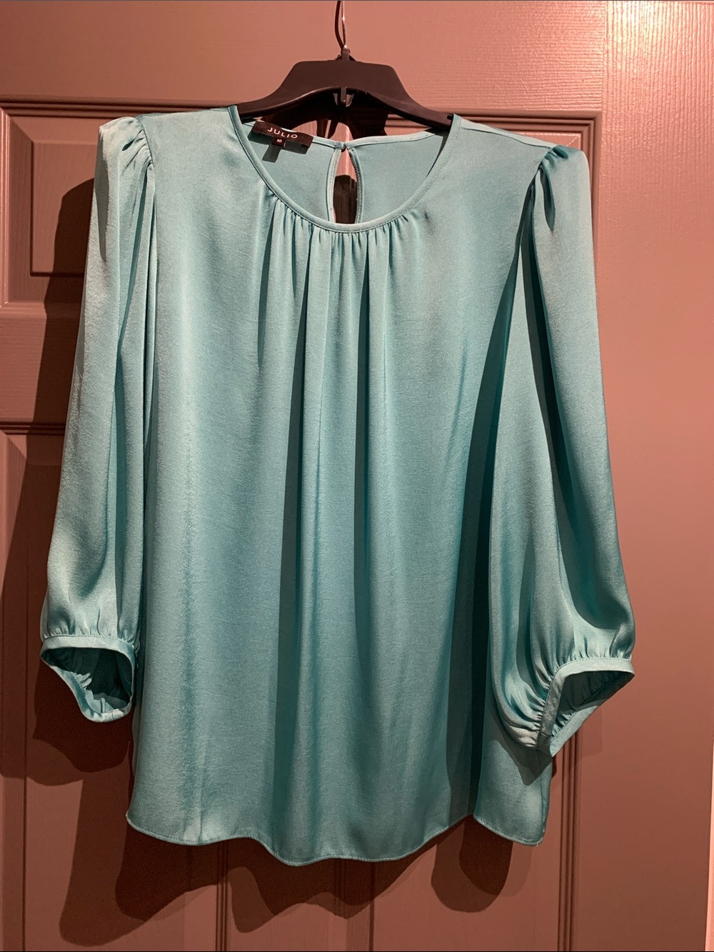 Julio Aqua Gathered-Neck Satin Blouse